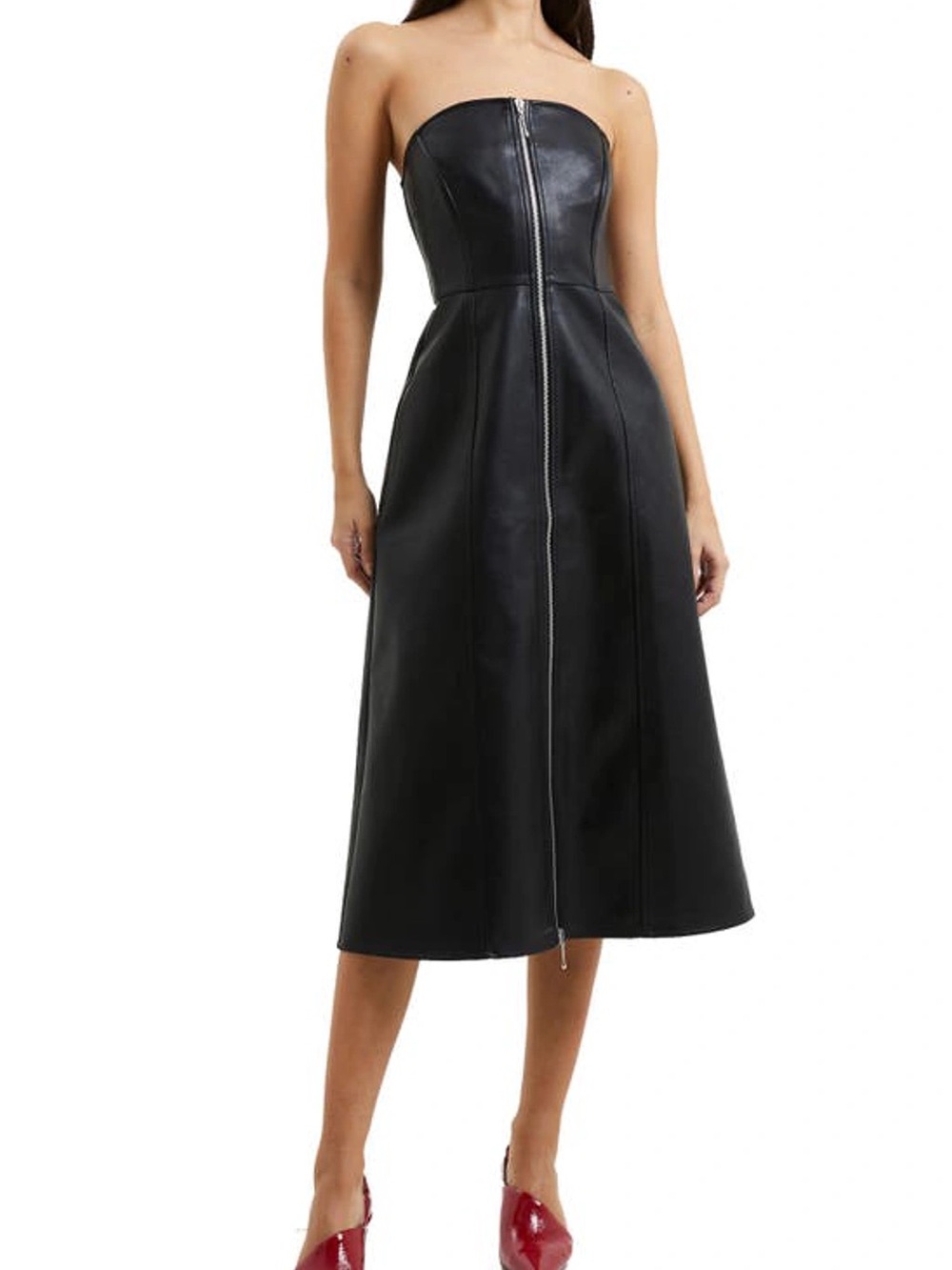 French Connection Black Strapless Faux Leather Midi Dress with Front Zip